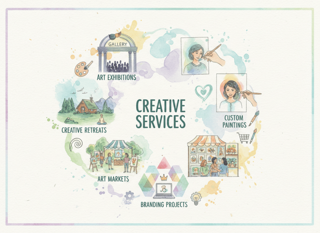 watercolor style illustration of creative services: art exhibitions, creative retreats, art markets, custom paintings, and branding projects, with icons and abstract elements